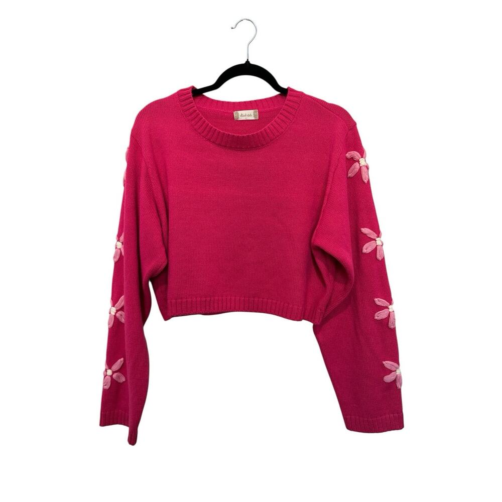 Altar'd State Pink Crew Neck Cropped Pullover Sweater w/ Flowers sz L New